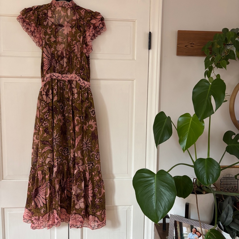 Ulla Johnson RARE Celestia Floral Batik Print Midi Dress Olive Ruffl Silk Size 6 - Picture 13 of 17